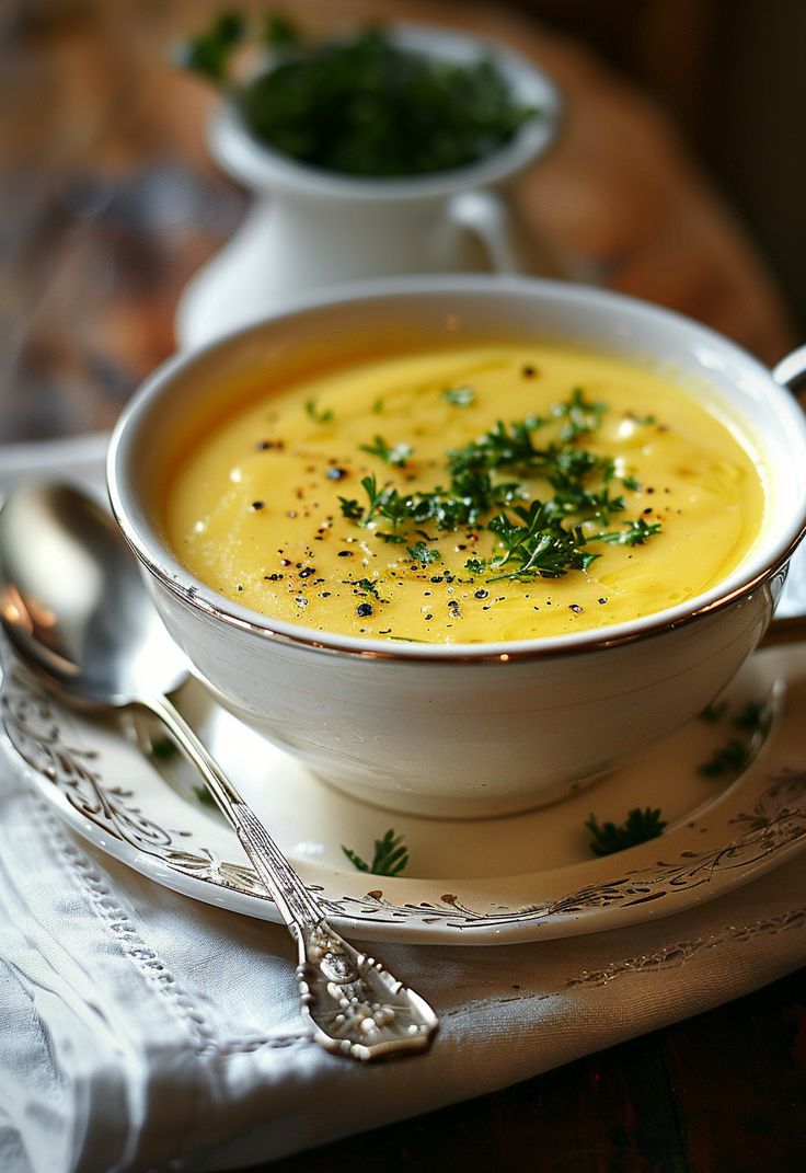 A saucer, spoon and bowl full of Summery Orzo Soup