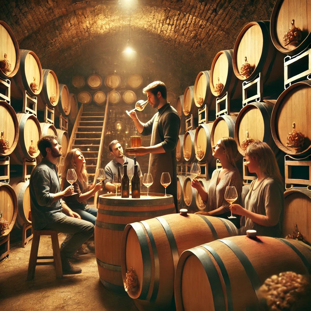 wine tasting in the barrel room