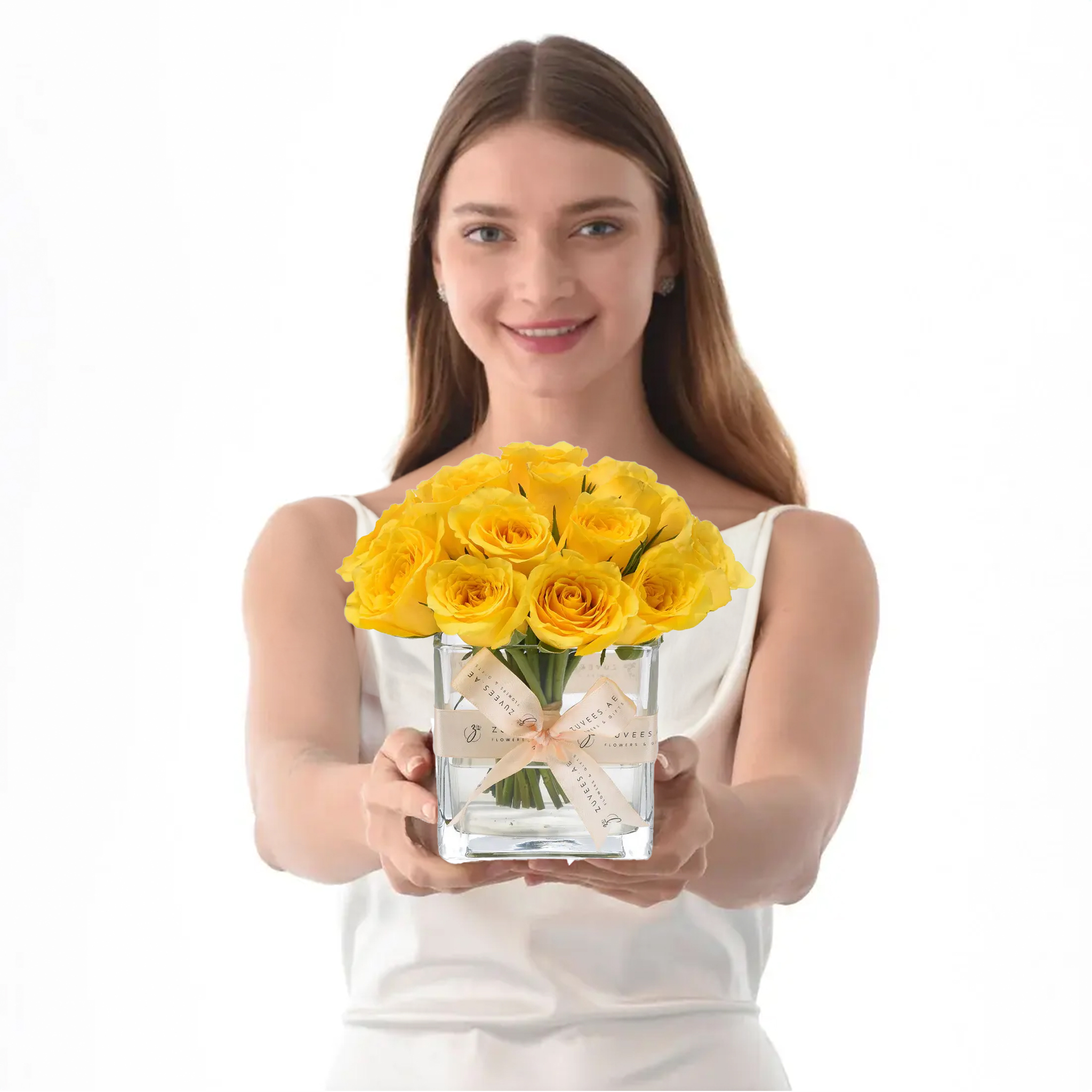 Girl holding yellow glass vase