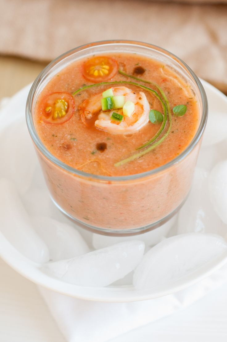 A glass of Coconut-Infused Shrimp Gazpacho