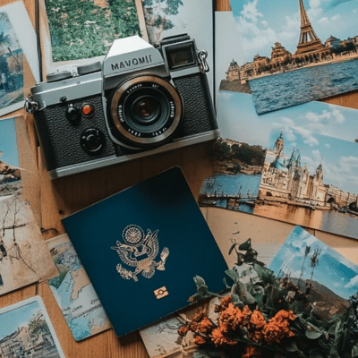 Passport surrounded by images of different places and a camera