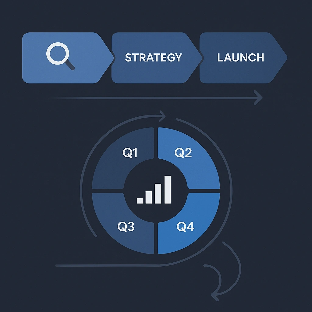 Infographic linking 90-day sprint stages to a 12-month growth flywheel for CMOs