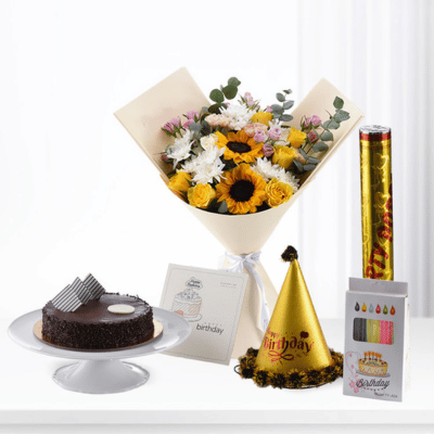 Birthday bundle with cake, flowers, cap and more