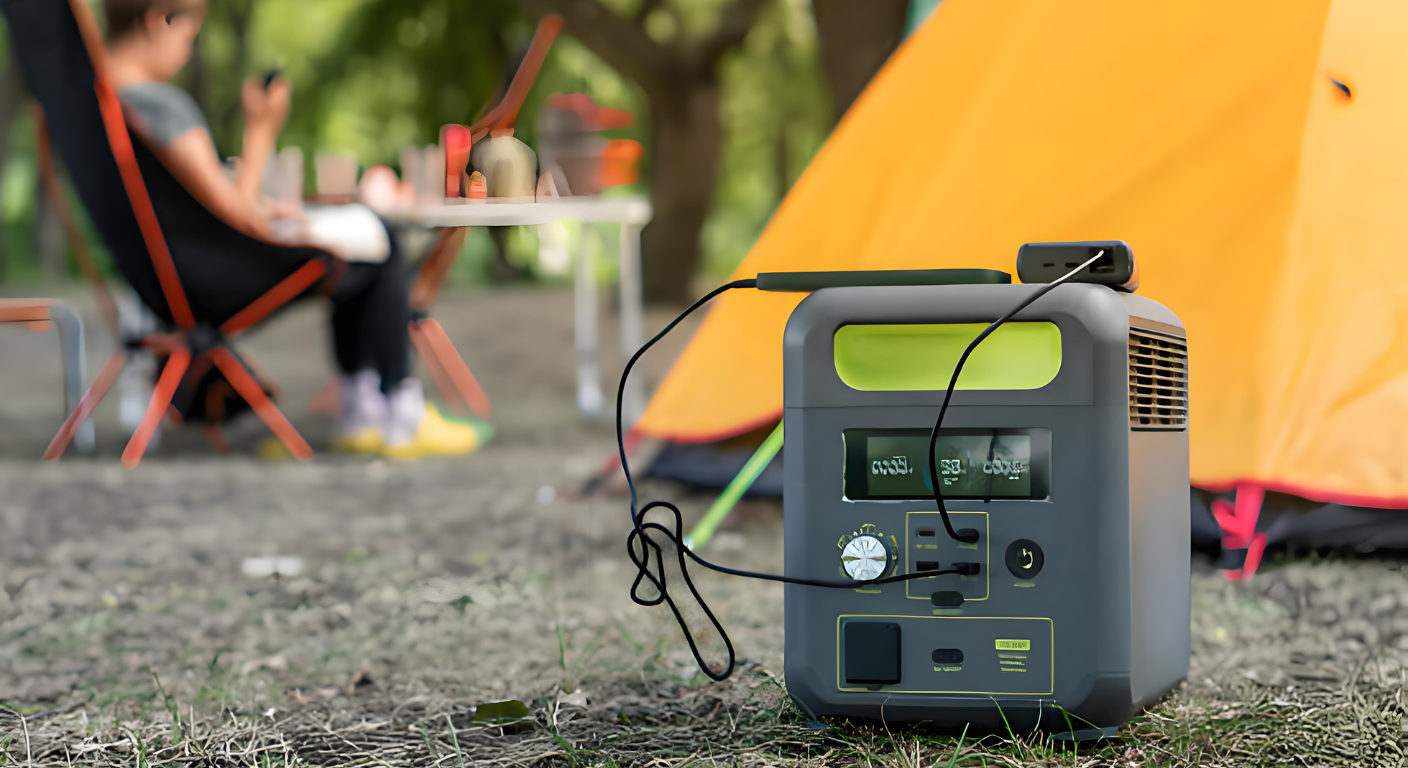 Outdoor camping scene with battery bank