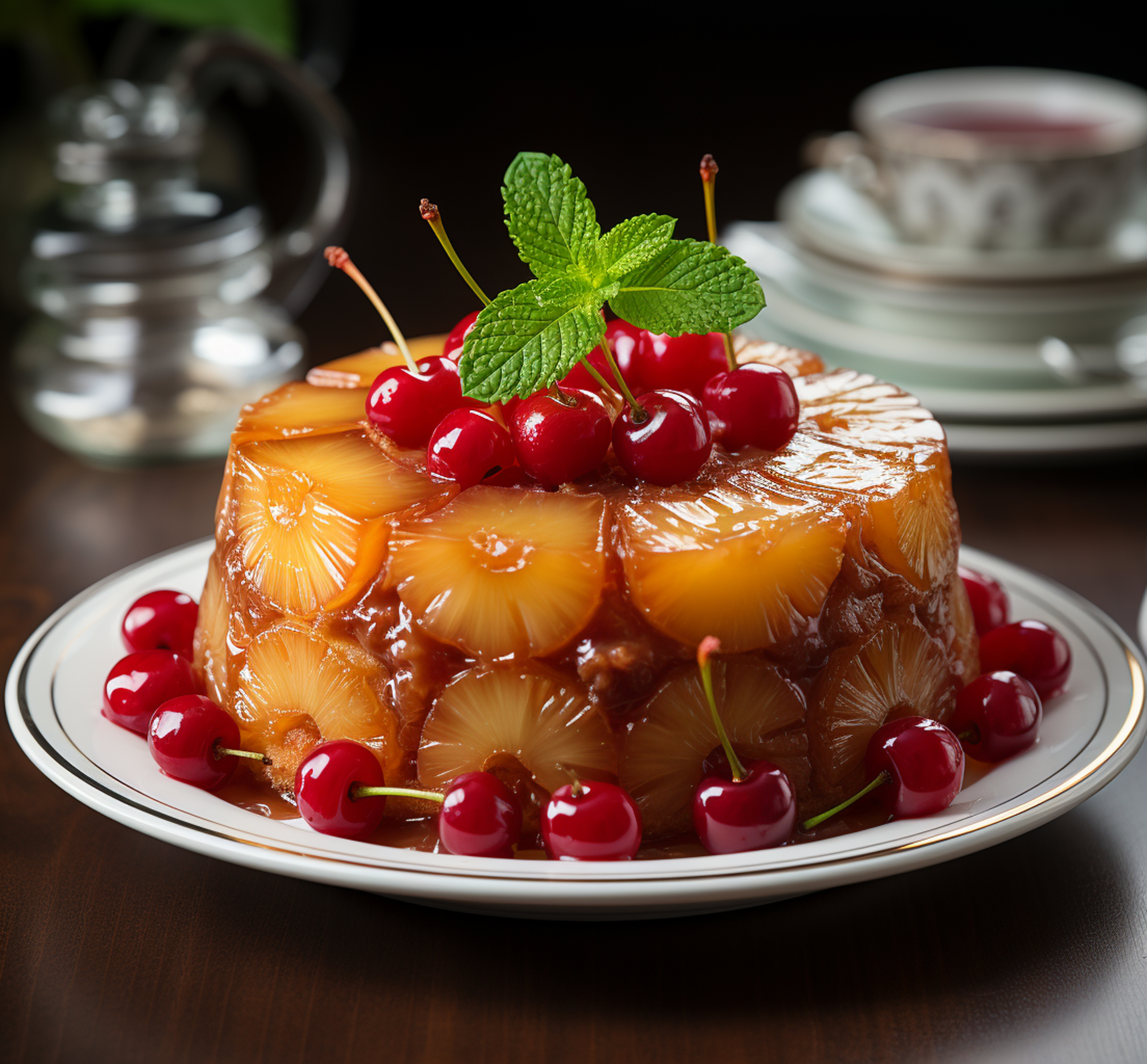 Caramelised pineapple cake with cherries