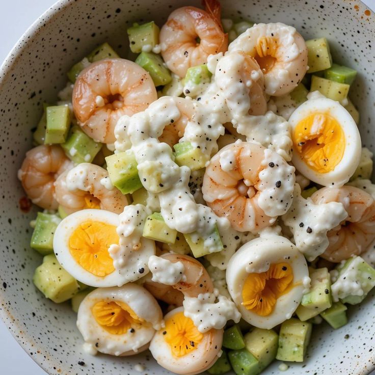 Boiled egg, shrimp with avocado