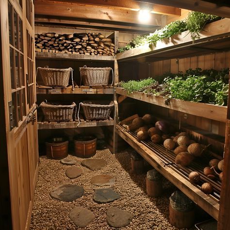 Some baskets and vegetables shown in root cellar