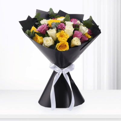 Bouquet of flowers wrapped in black crepe