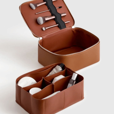 Leather make up travel case with brushes and products