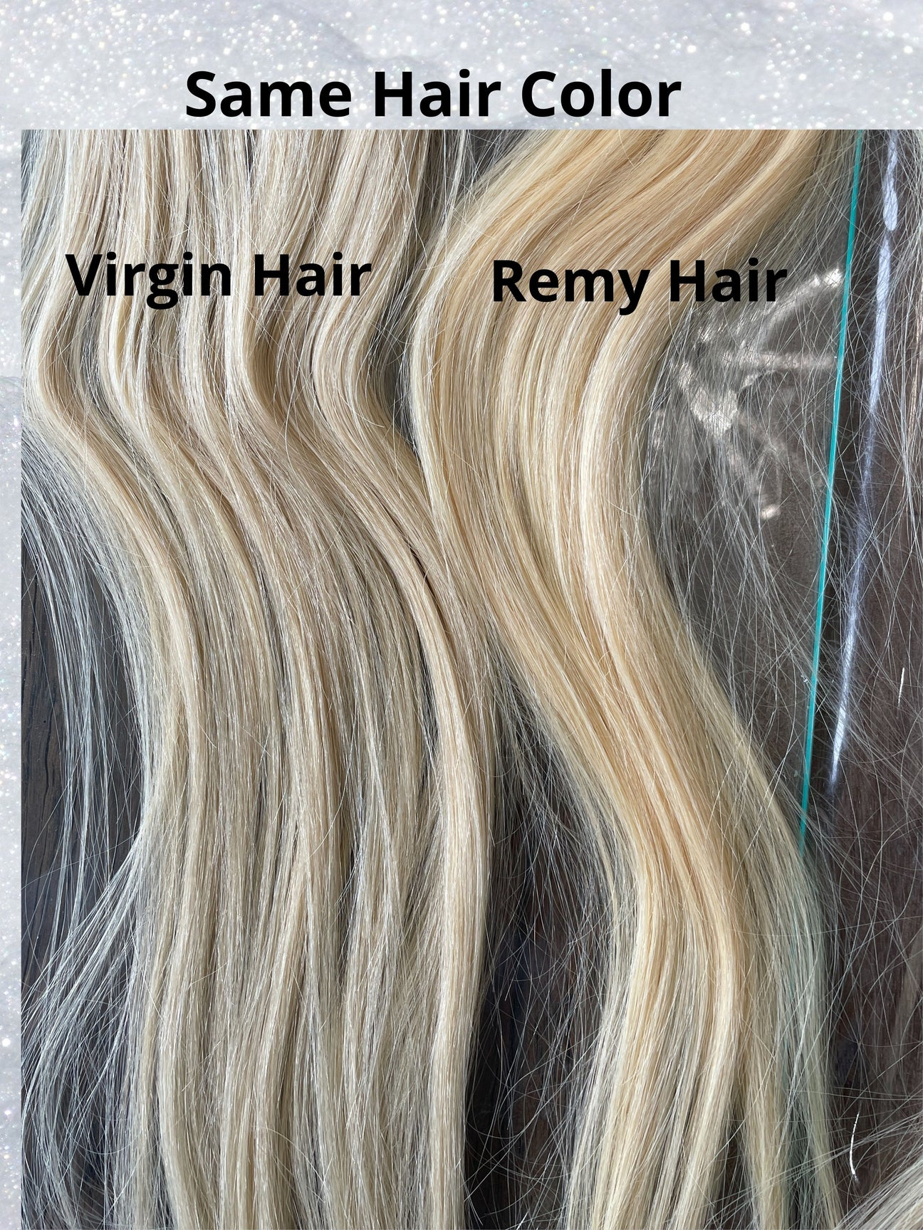 A close-up shows two bundles of light blonde, wavy hair extensions