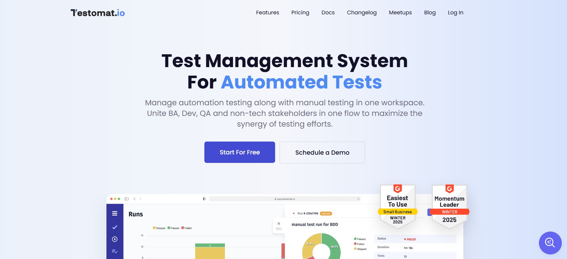 Screenshot of Testomat.io’s test management dashboard.