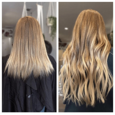 Before and after results of using clip in hair extensions