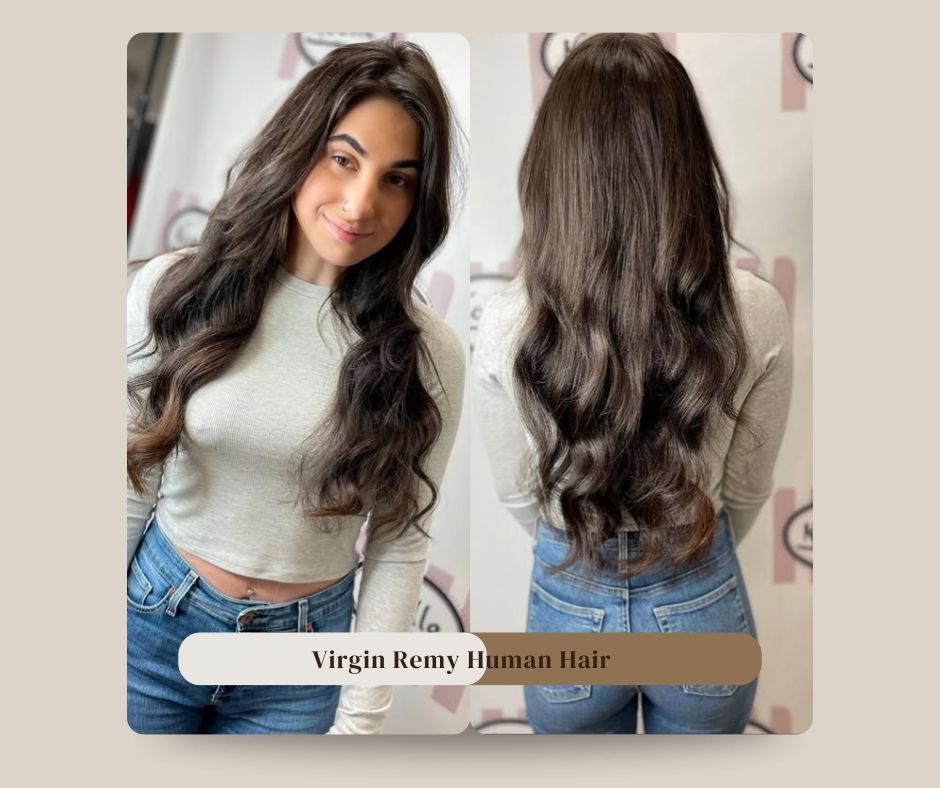 split image displays a woman with long, wavy, dark brown hair