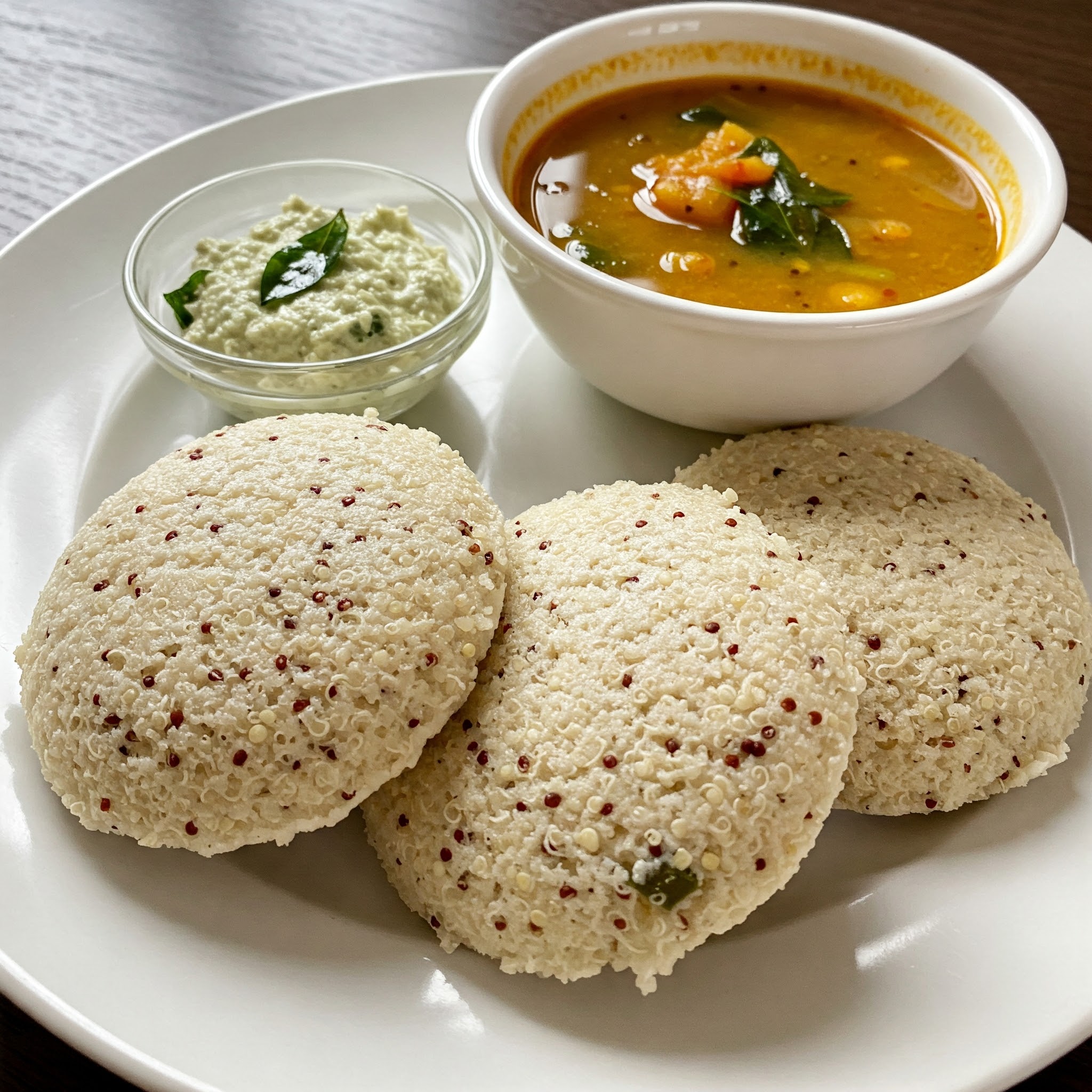 Quinoa Idli with Coconut Chutney and Sambar