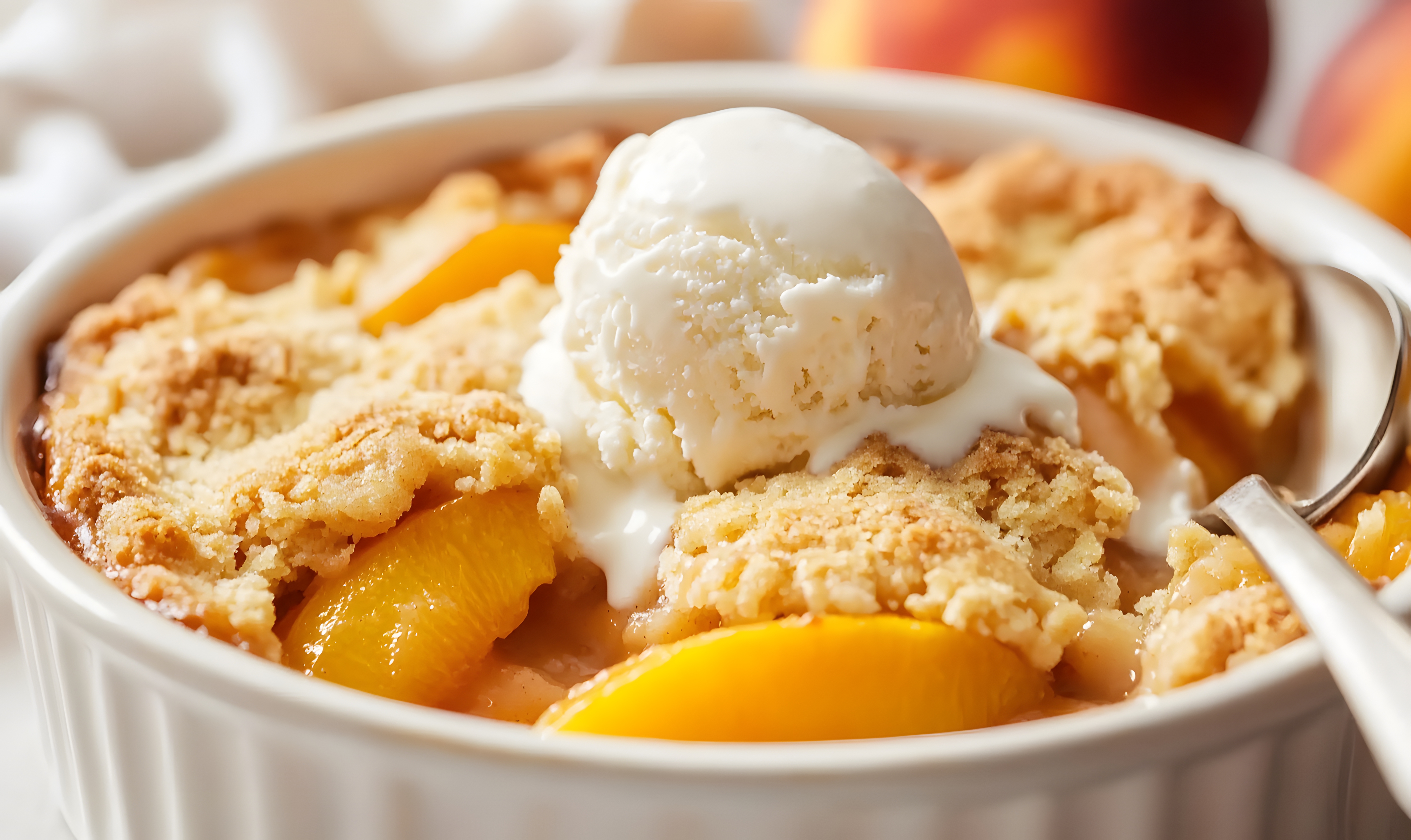 Golden crust peach cobbler in dish