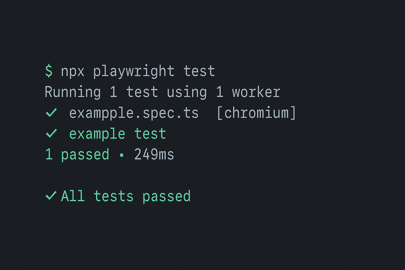 Console with the result of successful completion of Playwright test - you can see the message about successful completion of 1 test.