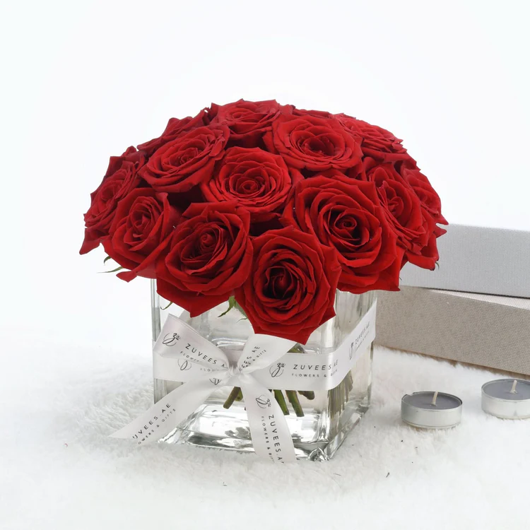 Red rose in glass vase