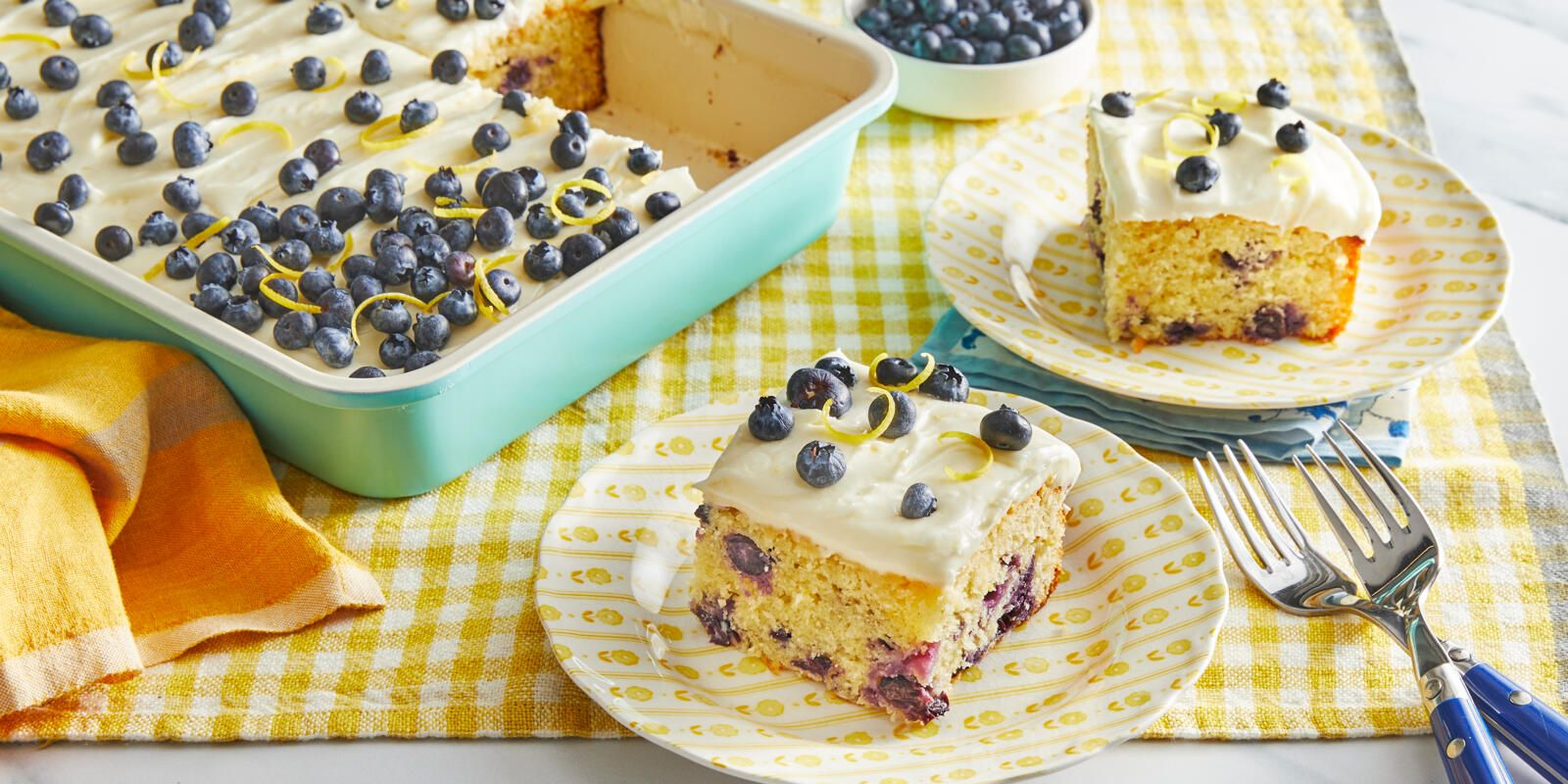 Lemon sheet cake topped with blueberries
